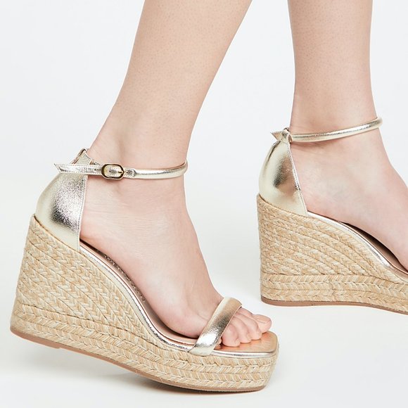 Stuart Weitzman Nudist Metallic Leather Espadrille Wedge Sandal in Platino NEW